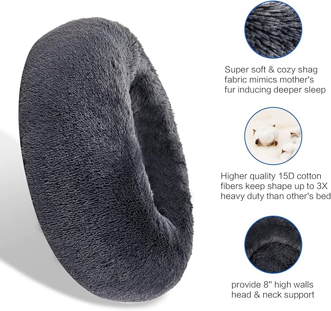 SAVFOX 54 inches Calming Donut Dog Bed - 3X Durable Plush Faux Fur, Machine Washable & Non-Slip, Fits up to 210 lbs, Removable Cover, Dark Grey