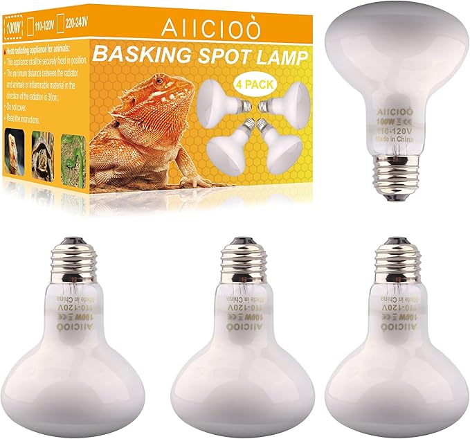 Aiicioo Reptile Basking Light Bulb - 100W Reptile Heat Lamp Basking Bulb Incandescent Light Bulb for Bearded Dragon Turtle Hermit Crab Gecko Lizard Daylight 4 Pack