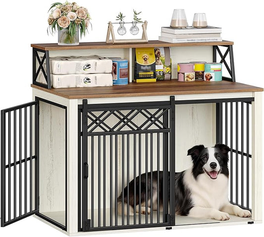 Hzuaneri 39.4'' Dog Crate Furniture, Large Wooden Dog Crate with Storage and 3 Doors, Indoor Kennel for Medium/Large Dogs, End Table with Barn Door, Chew-Proof and Escape-Proof, White Brown DFC87414B
