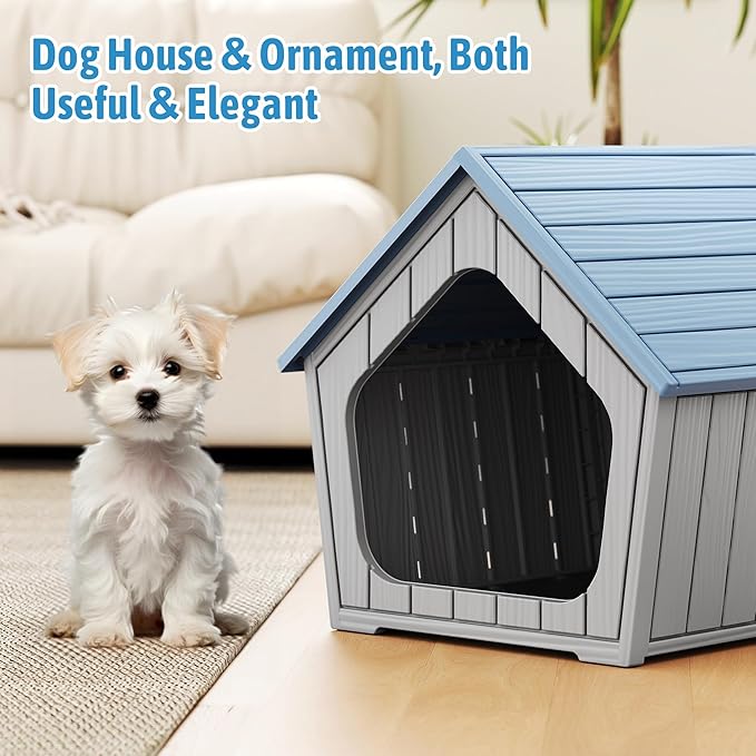 Fancyango Indoor Outdoor Small Dog House - Weatherproof for Small Dogs, Sturdy Pet Kennel Shelter for Indoor Living Room & Outdoor Patio (Blue, 23.43" L×22.44" W×22.24" H)