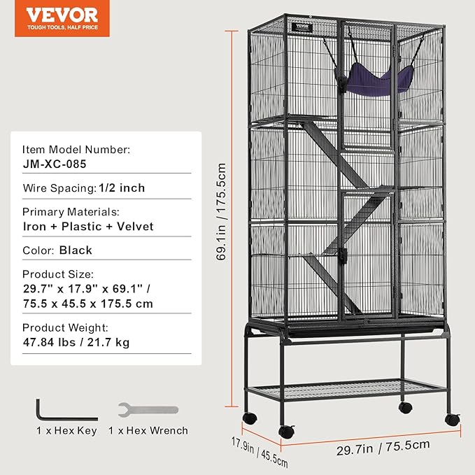 VEVOR 69" Rolling Metal Ferret Cage, Large 4-Tier Cage, Small Animal Cage with Ramps & Tray, Easy to Set up for Pet Mice, Hamster, Guinea Pig, Chinchilla, Squirrel, Hedgehogs, Bunny