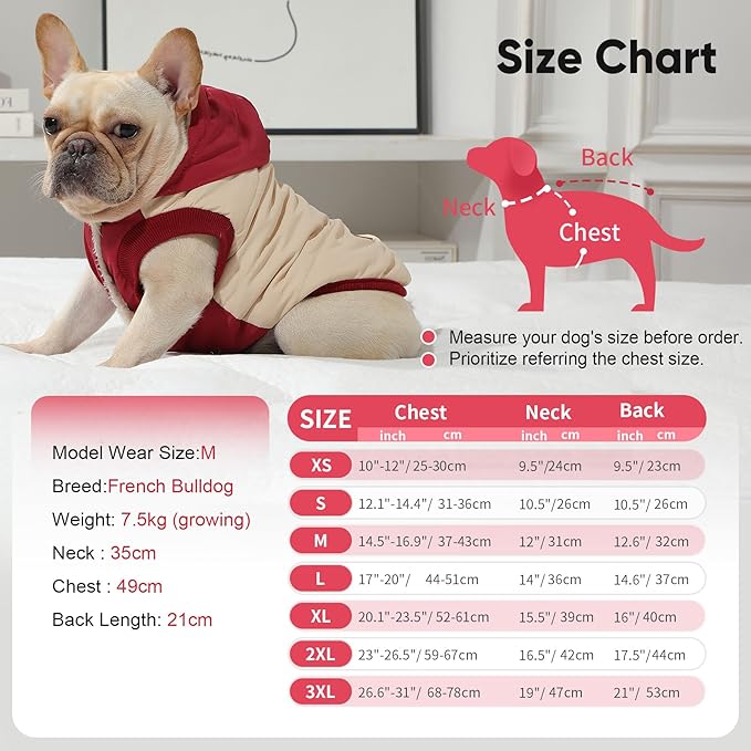 Vecomfy Fleece Lining Extra Warm Dog Hoodie in Winter for Small Dogs Jacket Puppy Coats with Hooded,Beige and Red M