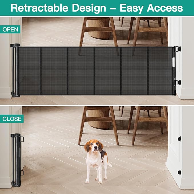 24 Inch Tall x 110 Inch Extra Wide Retractable Dog Gate for The House, Short Baby Gate to Step Over, Reinforced Mesh Puppy Gate for Doorways, Step Over Pet Gate for Stairs, Indoor/Outdoor, Black