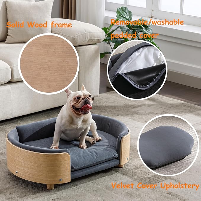 Elevated Dog Bed Pet Sofa with Solid Wood Legs and Bent Soft Backrest, Pet Cat Stool Bed with Velvet Cushion,for Small and Medium Size Dogs Kitten, Mid Size