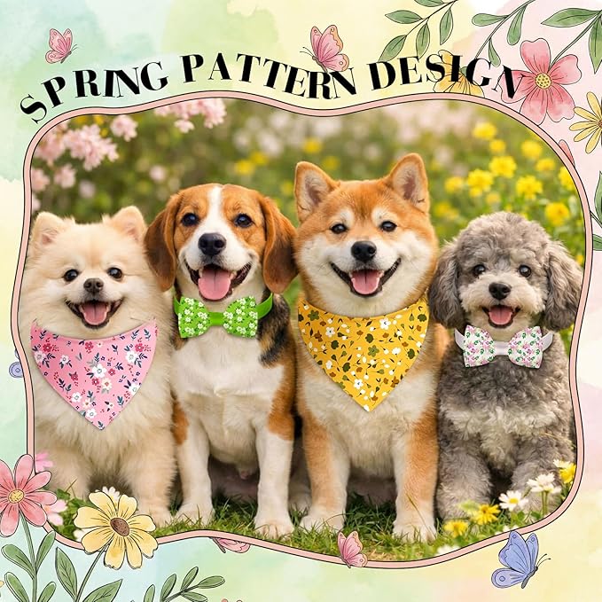 Sanwuta 50 Pcs Spring Dog Bandanas and Collar Bow Ties Set 25 Bandanas Bulk 25 Charm Dog Collar Pet Triangle Pet Scarf Bowtie for Small Medium Large (Spring Fresh)