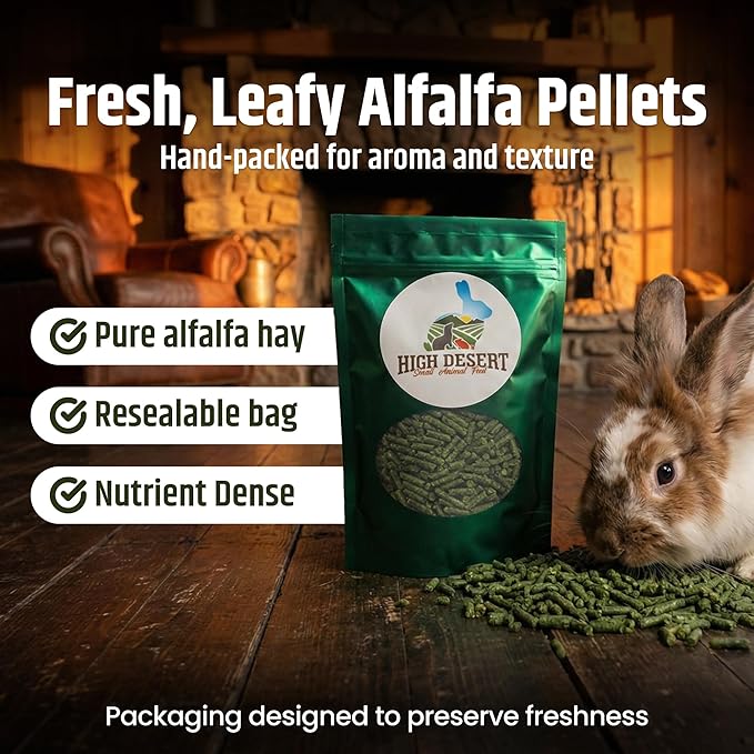 High Desert Delight Alfalfa Pellets, Protein Rich Small Animal Food for Young Rabbits Guinea Pigs and Small Pets, Natural Fiber Alfalfa Hay Pellets for Digestive Health, Fresh Hand Packed 31 oz Bag