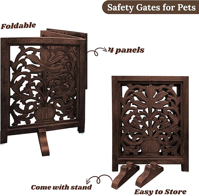 Lightnpro Wooden Dog Gate -Foldable Freestanding Pet Gate for Indoor Use, Adjustable Safety Barrier for Dog, Puppies & Small Pets, for Stairs & Doorways- 24" Height 18" Wide (4 Panel) Natural Burnt