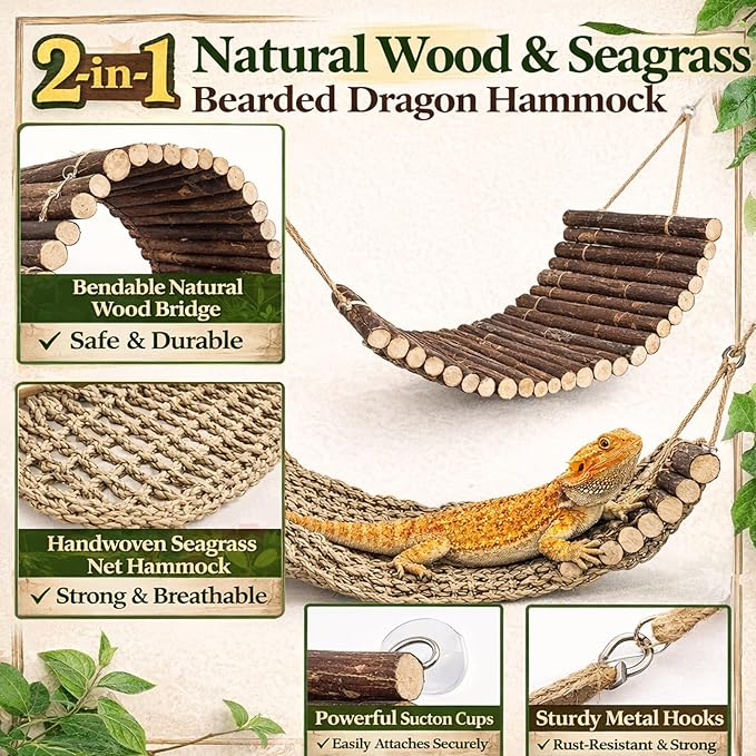 HERCOCCI Bearded Dragon Tank Accessories, Large Reptile Bridge Hammock Flexible - Jungle Climbing Vines and Leaves with Suction Cups Habitat Décor for Hiding& Climbing Snake Gecko Lizard Chameleon