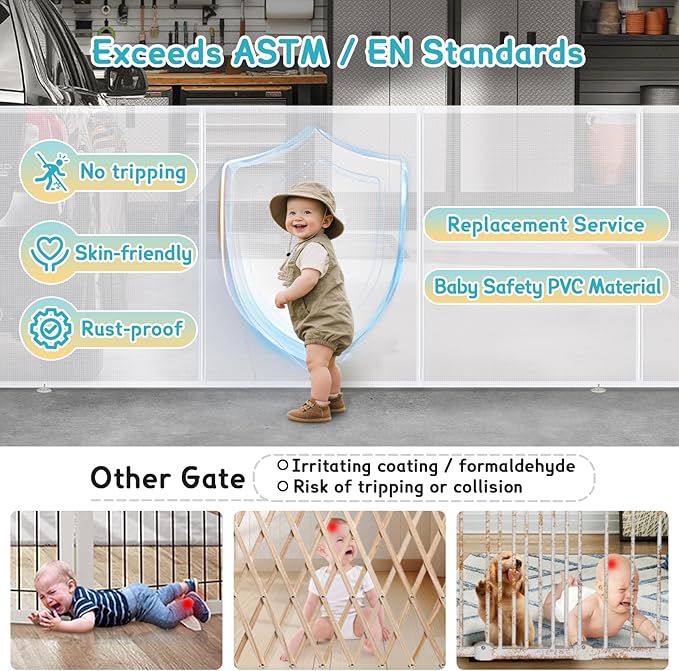 236'' Retractable Baby Gates Extra Wide 42" Tall White Mesh Dog Child Pet Safety 20 Foot Indoor Outdoor Retractable Gate for Decks, Garages, Patios, Doorways, Stairs with Reinforcement Strips