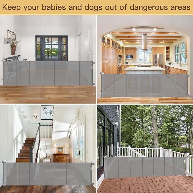 Reinforced 200 Inch Extra Long Baby Gate For Large Opening to Prevent Crawling Under, 16 ft Retractable Dog Gate for Doorway Extra Wide, Outdoor/Indoor Retractable Baby Fence to Separate Playroom,Gray