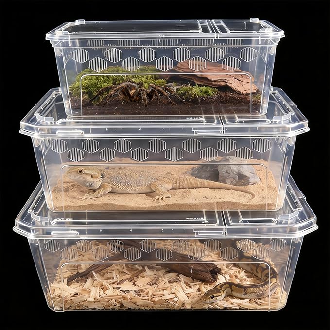 3Pcs Reptile Feeding Box Set, 3-Size Plastic Reptile Critter Keeper with Tags, for Isopods Snails Sling Geckos Frog Spiders Turtles Scorpion Serpents Tarantulas and Breeding Worms(Clear)