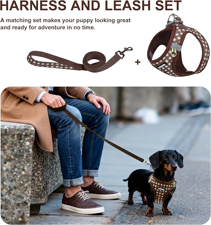 AIITLE No-Pull Pet Harness with a Leash, Plaid Comfort Padded Vest, Step in Dog Harness, Reflective Bands, Soft Breathable Pet Supplies, for Small and Medium Dogs and Cats Chocolate S