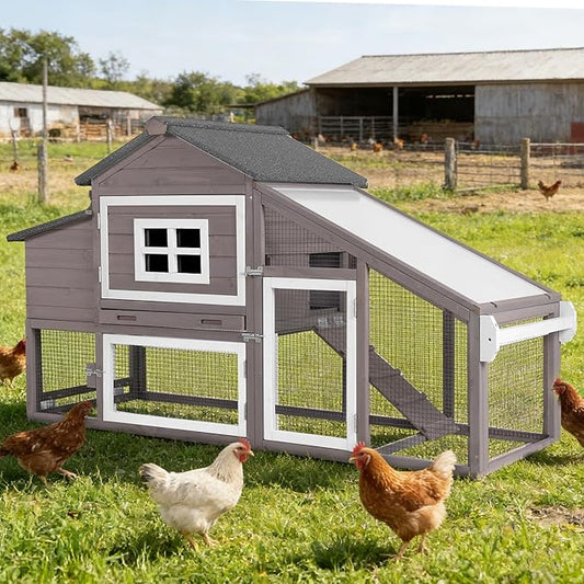 Wooden Chicken Coop with Run, Mobile Chicken House with Wheels, Outdoor Hen Poultry Cage with Leak-Proof Tray and Nesting Box, Lager Chicken Coops with UV-Resistant Roof for 2-3 Chickens (Brown