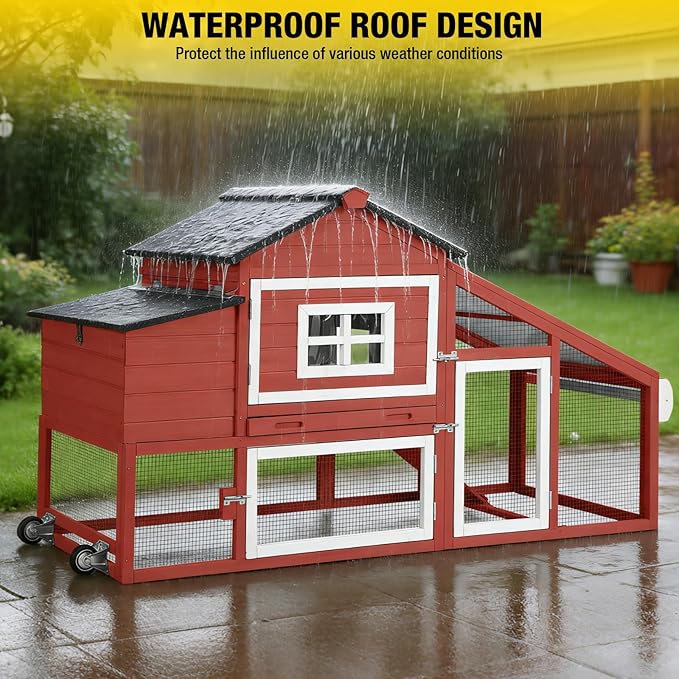 Wooden Chicken Coop, Large Chicken Tractor with Wheels, Weatherproof Hen House with Nest Box and Removable Tray, Mobile Poultry Hutch for 2-4 Chickens, Rabbits & Ducks (Red)