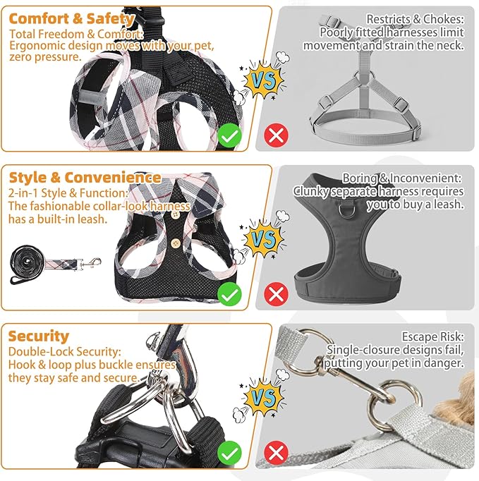 KOOLTAIL Small Dog Harness and Leash Set, Cute Puppy Harness, Step in No Pull Soft Mesh Pet Vest Harness Collar for Small Size Dogs Cats Boy Girl, Plaid Dog Halters for Outdoor Walking, Beige S