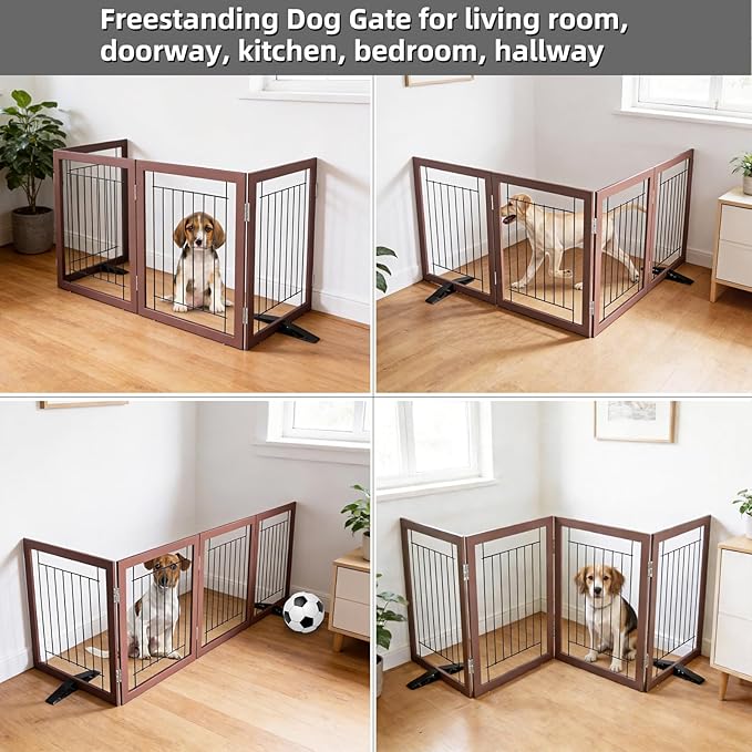 ZJSF Freestanding Dog Gate Indoor, Foldable Dog Fence for Doorways,Hallways or Stairs, Sturdy Wood Extra Wide Pet Gate with Support Feet,Brown,24 "Height-4 Panels