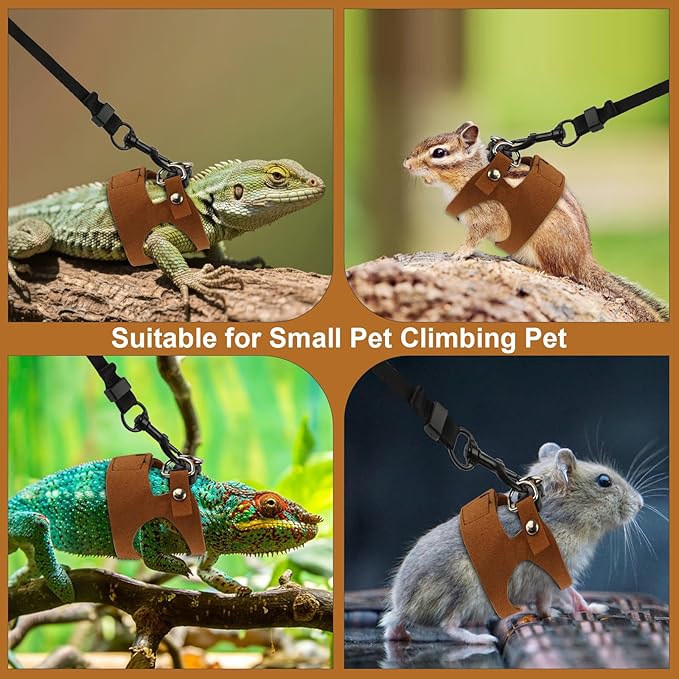 5 Pack Bearded Dragon Leash and Harness Set, Adjustable Soft Leather Lizard Leash with 3 Sizes for Small Animals, Reptile Walking Training Vest for Ferret, Hamster, Chameleon, Brown