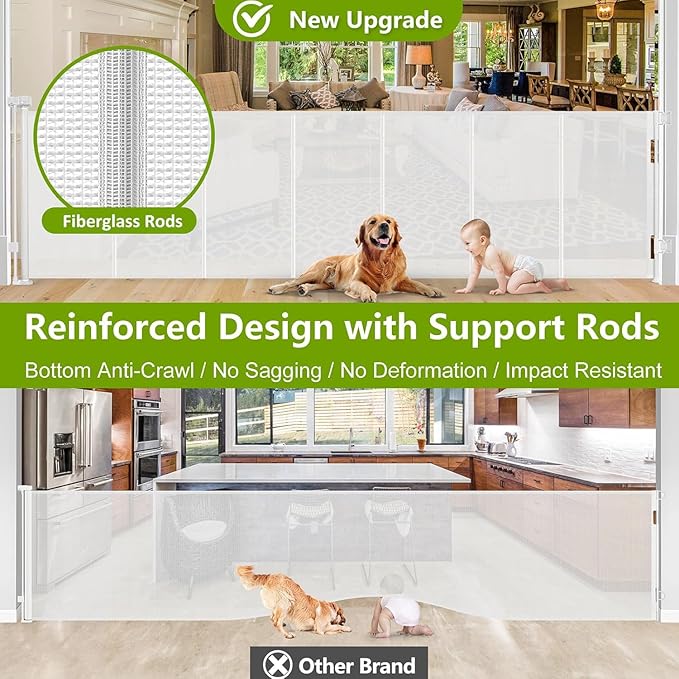 Reinforced 42" Tall x 195" Extra Wide Retractable Baby Gate with Support Rods - Prevent Crawling Under, Extra Large Baby Gate Retractable Dog Gate Indoor Tall Dog Gate Outdoor Gates for Decks, White