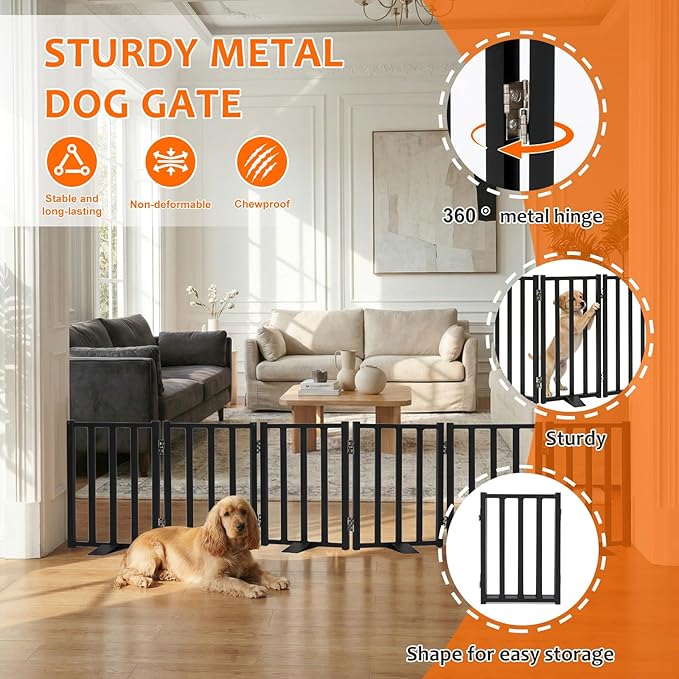 Snagle Paw Short Dog Gate,16.5" Tall Freestanding Metal Dog Gate Only for Small Dogs with Support Feet Easily Step Over,Up to 72" Wide Puppy Gate Indoor for Stairs,Doorways(Black,6 Panel)