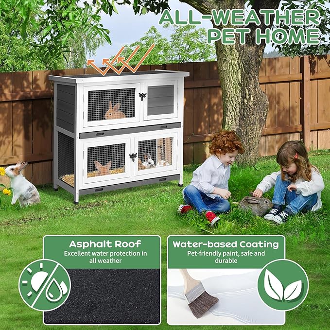 2 Story Rabbit Cage/Guinea Pig Cages,32.7”H Solid Wood Bunny Cage with Pull-Out Trays Waterproof Roof, Indoor Outdoor Rabbit Hutch Guinea Pig Cage Pet House for Small Animals
