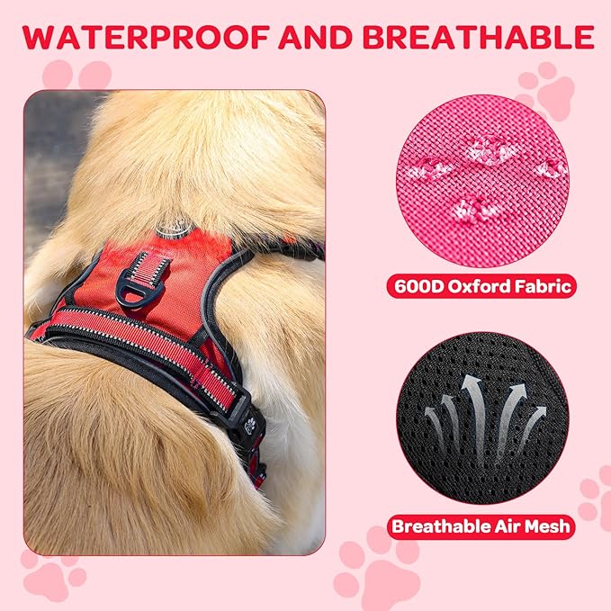 FURRYFECTION Plaid Dog Harness for Large Dogs, Reflective No Pull Adjustable Pet Vest with Front Clip, Leash, Easy Control Handle and Seat Belt, Red, XL