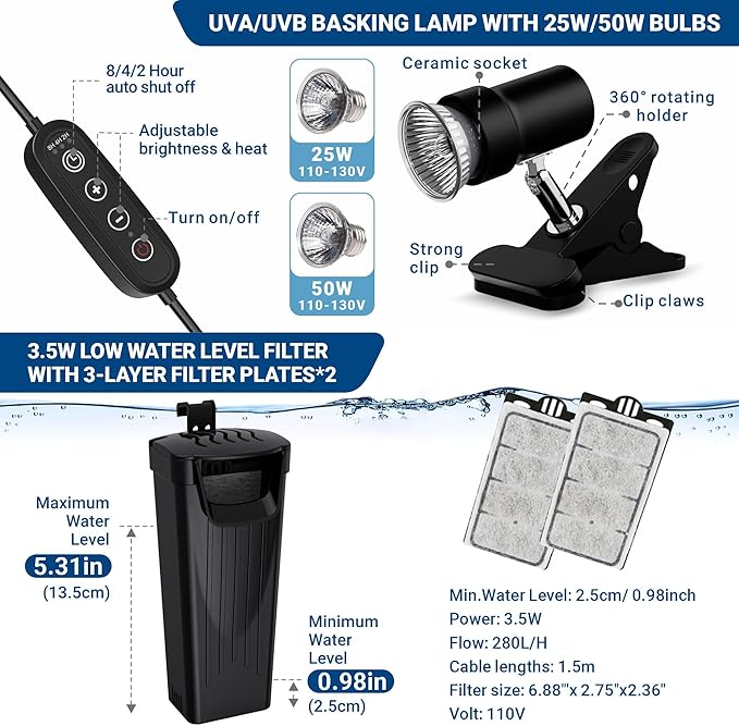 GOZILLA Turtle Tank Kit(Tank+Lamp+Filter), Upgrade PC Turtle Tank Starter Kit with Adjustable Lamp & Filter, Reptile Habitat with Lid, Basking Platform for Small Reptiles.(15.75 × 7.9 × 9''/Black Kit)