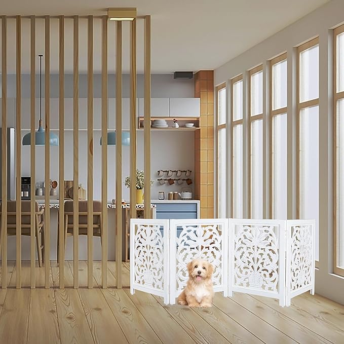 Lightnpro Wooden Dog Gate -Foldable Freestanding Pet Gate for Indoor Use, Adjustable Safety Barrier for Dog, Puppies & Small Pets, for Stairs & Doorways- 24" Height 18" Wide (4 Panel) Antique White