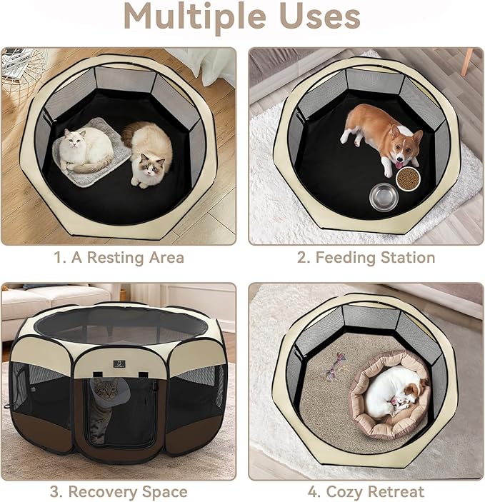 Dog Playpen for Small Dogs & Puppies, 40.55" Portable Indoor Outdoor Puppy Playpen with Bowl, Waterproof Floor, Foldable Pop-Up Pet Pen for Home, Travel & Daily Use, Brown+Beige