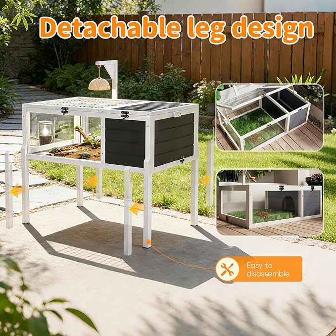 Reptile Habitat Tortoise House with Lamp Holder, Large Observation Window, 2 Waterproof Tray, Detachable Legs, Easy to Clean Wooden Enclosure for Turtles, Lizards, Geckos, and Small Pets Indoor Outdoo