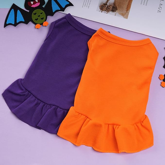 2 Pcs Dog Dresses Cat Skirt Solid Color Dog Clothes Summer Sleeveless Puppy Girl Clothes for Small Pet Dogs Cats (Purple,Orange, Small)