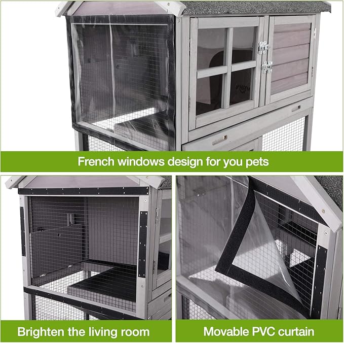 GUTINNEEN Rabbit Hutch Indoor with Metal Wire Floor and Removable Tray, Two-Tier Design with Ramp Bunny Hutch, Wooden Movable Guinea Pig Cages Waterproof Asphalt Roof 38.6"