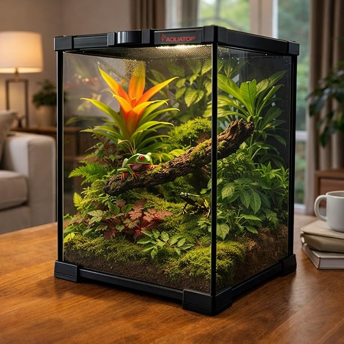 Aquatop 3.2 Gal Stackable Small Pet Terrarium - Durable Clear Glass Tank with Removable Ventilated Mesh Top for Reptiles, Arachnids, and Amphibians, RT-03