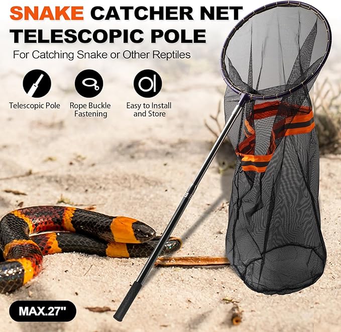 Snake Catcher Net, Rattlesnake Grabber Hnadling Tool, Reptile Catch Telescopic Pole Stick, Rattle Snake Removing and Catching Picker with 12" Ring, Extends to 40 Inches