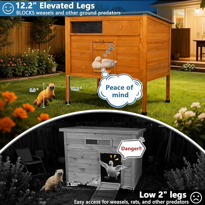 FunXplore Insulated Duck Coop Weatherproof Wooden Outdoor Warm Duck House for Outside Small Animal Pet Hutch with Larger Windows Openable Asphalt Roof Elevated Legs