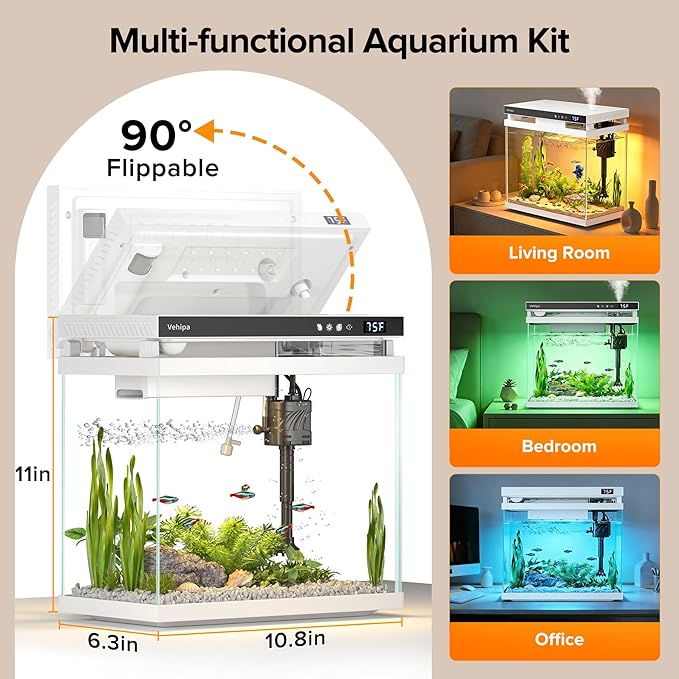 Fish Tank Aquarium, 2.2 Gallon Smart Fish Aquarium Kits with Auto Feeder, Silent Water Pump, Temperature Display, Smart Humidifier & 7-Color Lighting, for Office & Home - White