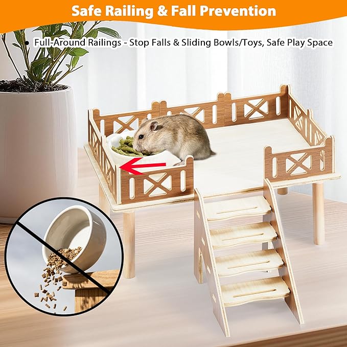 Hamster Platform for Cage with Protective Railings, Elevated Wooden Stand for Food Bowls, Water Bottles or Wheels to Expand Activity Space, Cage Platforms with Climbing Ladder for Hamsters and Gerbils