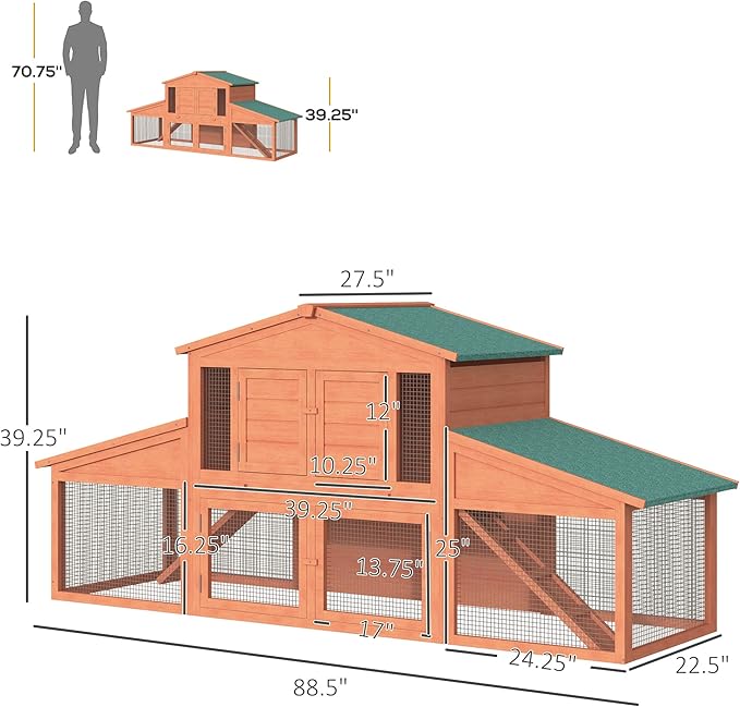 PawHut 89" L Outdoor Rabbit Hutch, Guinea Pig Cage Indoor Outdoor Wooden Bunny Hutch with Double Runs, Weatherproof Roof, Removable Tray, Ramps, Orange