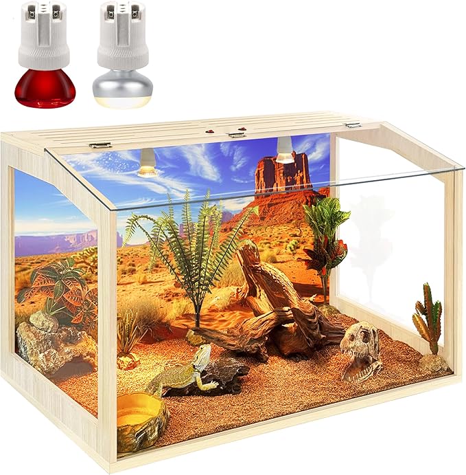PROLEE Bearded Dragon Tank, Up to 81Gallon Reptile Enclosure, Tempered Glass Lizard Tank, Bearded Dragon Enclosure with Built-in Lamp Fixture for Chameleon (Skylight Roof, 30Gallons,24x15.5x15.5 Inch)