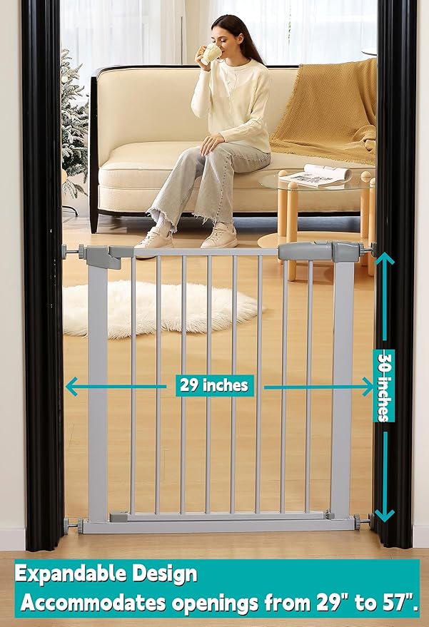 30.47"-32.64" Baby and Pet Safety Gate, 30" Tall Metal Walk-Thru Gate for Doorways & Stairs, Easy One-Hand Open, Dual Lock (Gray, 29" W x 30.5“H)