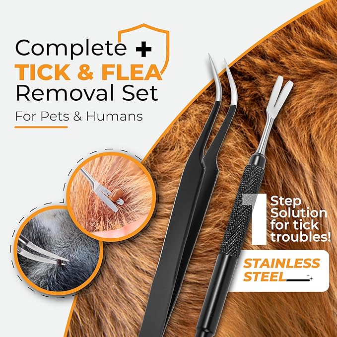 AKOSN Premium Tick Removal Tool - Stainless Steel Flea Remover for Pets Dogs Cats Humans -Safe Tick Control Puller &Precision Fine Point Tweezers to Completed Remove All Size Ticks, 1 Set