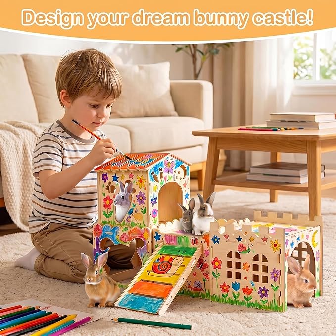 Large Bunny House and Hideouts, Wooden Dual-Layer Rabbit Castle with Stair, Rubber Band-Free Setup - Chew-Proof, Sturdy Habitat for Guinea Pig Chinchilla Ferret (Rabbit House)