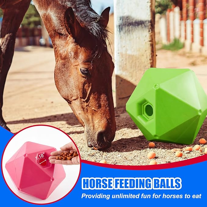 Horse Treat Ball, 9" Horse Ball Feeder Toy & Stress Reliever with 1.13 Inch Opening for Paddock, Slow Feed Enrichment Toys for Horses to Play(2 Pack,Green Pink)