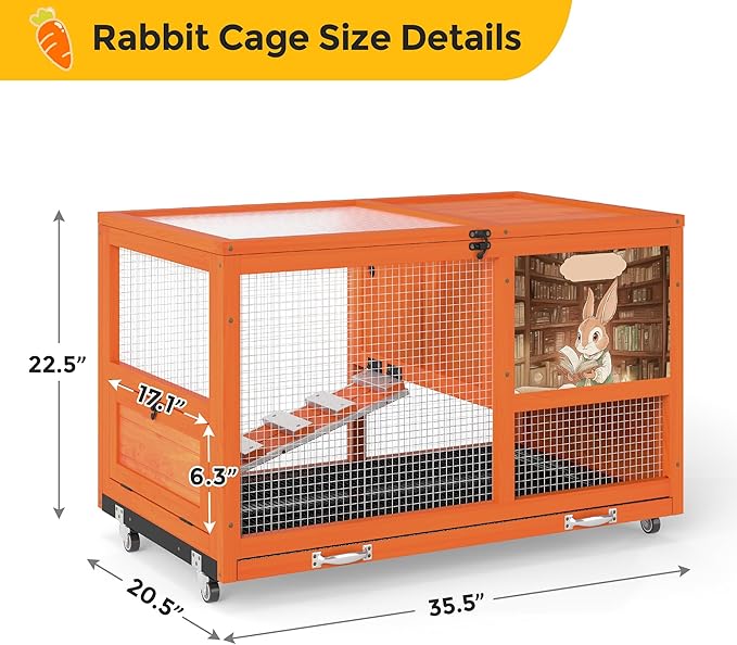 COZIWOW 36.5-Inch Double-Decker Wooden Rabbit Hutch with Wheels, Featuring A Cleaning Tray and Ladder—Stylish and Easy to Assemble（Orange and Pattern）