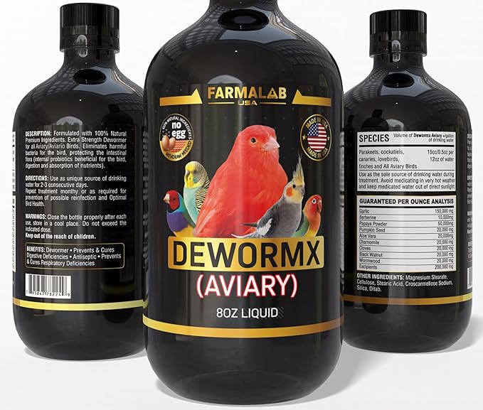 Farmalab DEWORMX Liquid Extra Strength 2oz 8oz Budgies, Parakeet, Finches, Lovebirds Small Caged Birds para periquitos, cacatillos, cotorras, Canarios, guacamayos, Quakers y Aves (Birds 2oz)