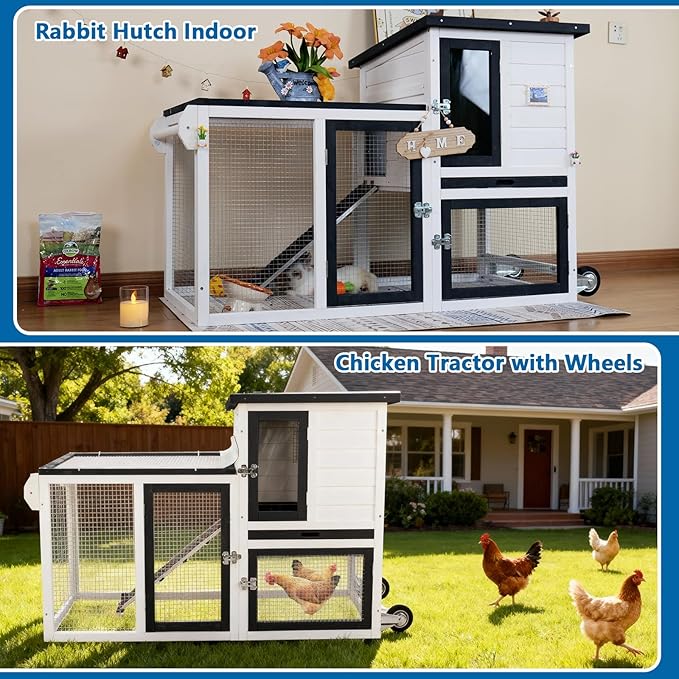 FunXplore Rabbit Hutch Indoor Bunny Cage Outdoor Chicken Coop with Wire Floor Slide Out Tray, Chew-Resistant Ramp & Entrance Openable Waterproof Roof & UV-Resistant Roof Handle Wheels