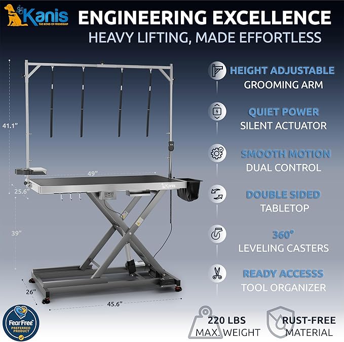 KANIS Professional Electric Dog Grooming Table - Heavy Duty, Height Adjustable Pet Grooming Table w/Leveling Wheels, Dog Grooming Arm, Anti-Slip Tabletop & Tool Organizer (Grey, 49")