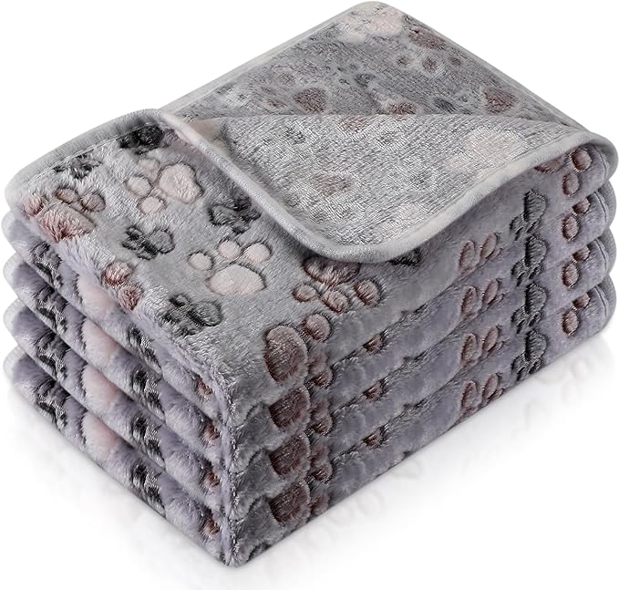 Tatuo 4 Pcs Dog Blanket for Pet Cat Blankets Indoor Puppy Teething Stuff Toys Paw Print Fleece Blanket Warm Sleep Mat for Guinea Pig Cage(Gray,X-Large(41 x 30 Inch),Square)