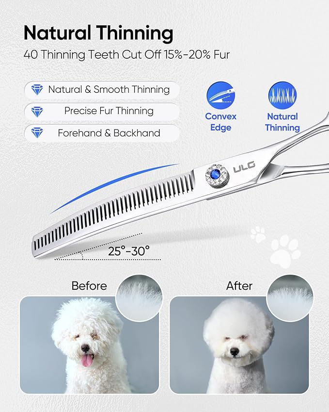 ULG Curved Thinning Dog Shears for Grooming, 7 Inch Professional Curved Thinning Dog Grooming Scissors for Blending and Thinning, 40-Tooth 15%-20% Rate 440C Stainless Steel Pet Hair Scissors
