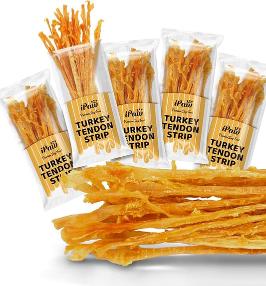 iPaw 5 Packs Value Combo Turkey Tendons for Dogs, Single Protein, Hypoallergenic, All Natural Human Grade Puppy Chew, Rawhide Alternative Dog Treats, Strip (Large)