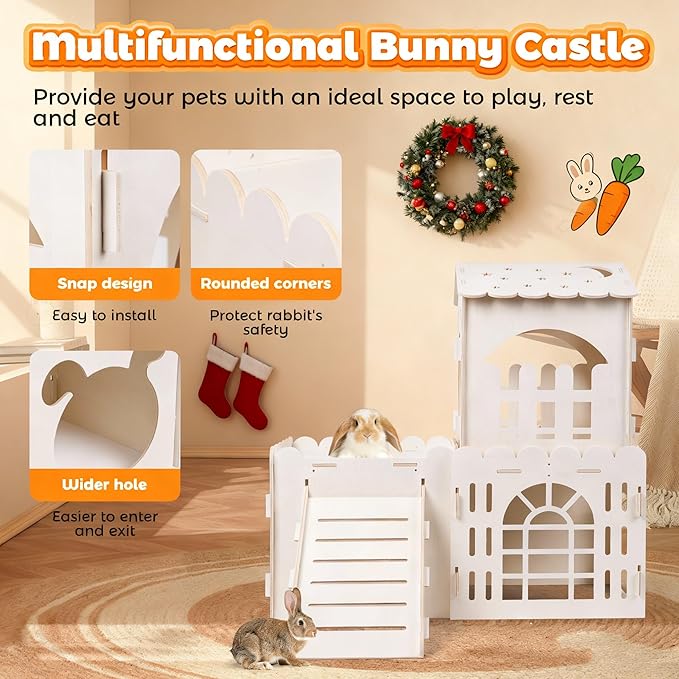 Large Rabbit House, Wooden Bunny Castle with 3 Houses Indoor, Rabbit Guinea Pig Cage Multistory Climbing Tower Sturdy Wooden Castle, Small Animal Hideaway Tunnel